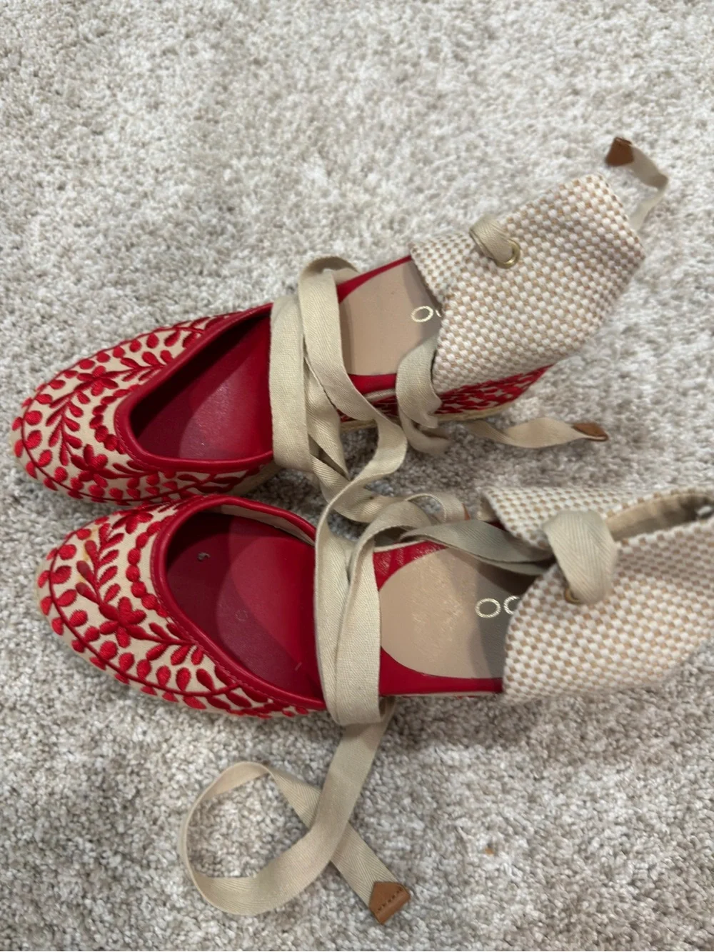 Aldo Beige Espadrille Wedge Sandals with Red Embroidery and Ankle Wrap